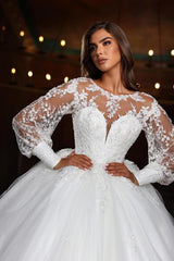 Elegant Long Ball Gown Sweetheart Lace Tulle Appliques Wedding Dress with Sleeves