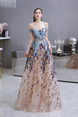 Elegant Multi-Color Long A-line Off the Shoulder Sequins Prom Dresses