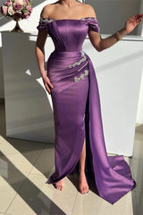 Gorgeous Long Mermaid Off the Shoulder Satin Formal Dress with slit