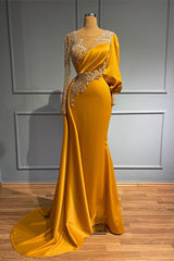Long Mermaid Jewel Asymmetric Beading Satin Formal Evening Dress with Sleeves