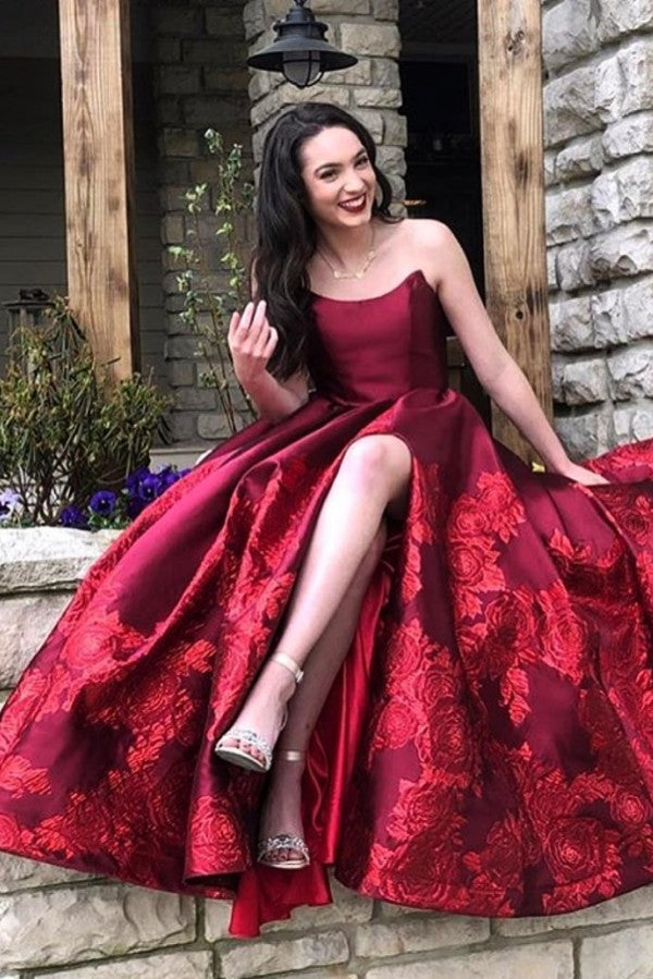 Long A-line Strapless Backless Floor Length Ruffles Satin Prom Dress With Split