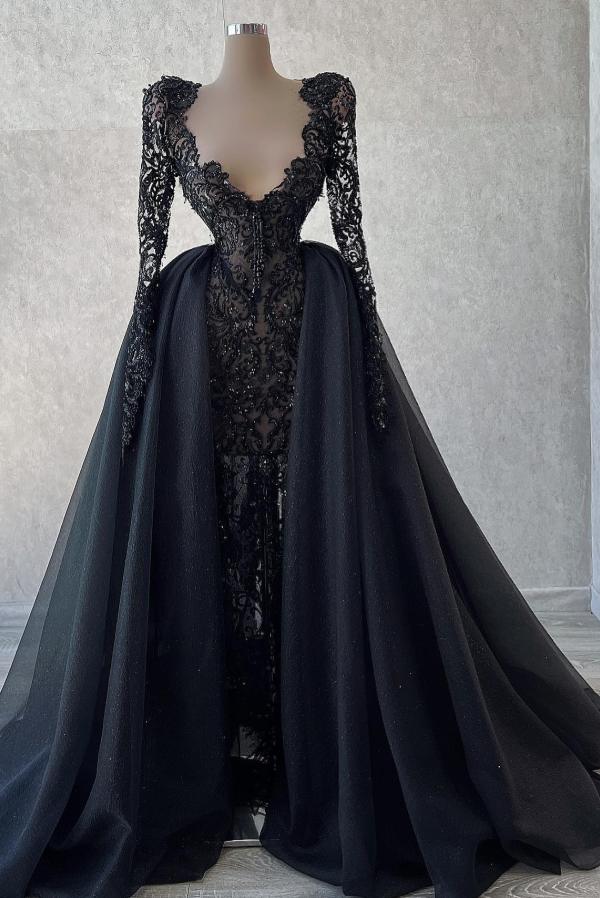 Long Black Ball Gown V-neck Satin Lace Prom Dresses with Sleeves