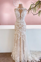 Long Bateau Keyhole Appliques Lace Tulle Mermaid Wedding Dress