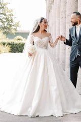 Ball Gown Off the Shoulder Sweetheart Satin Lace Long Wedding Dress with Sleeves