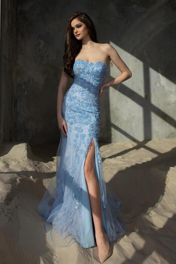 Elegant Long Mermaid Strapless Tulle High Split Long Beading Prom Dress with Appliques