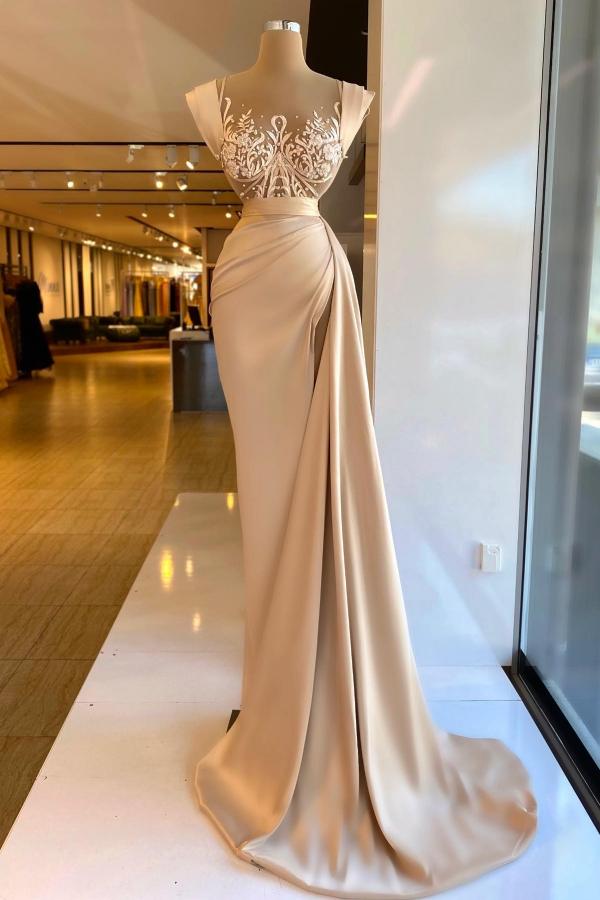 Long Mermaid Straps Sleeveless Satin Lace Formal Prom Dresses with Slit