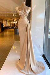 Long Mermaid Straps Sleeveless Satin Lace Formal Prom Dresses with Slit
