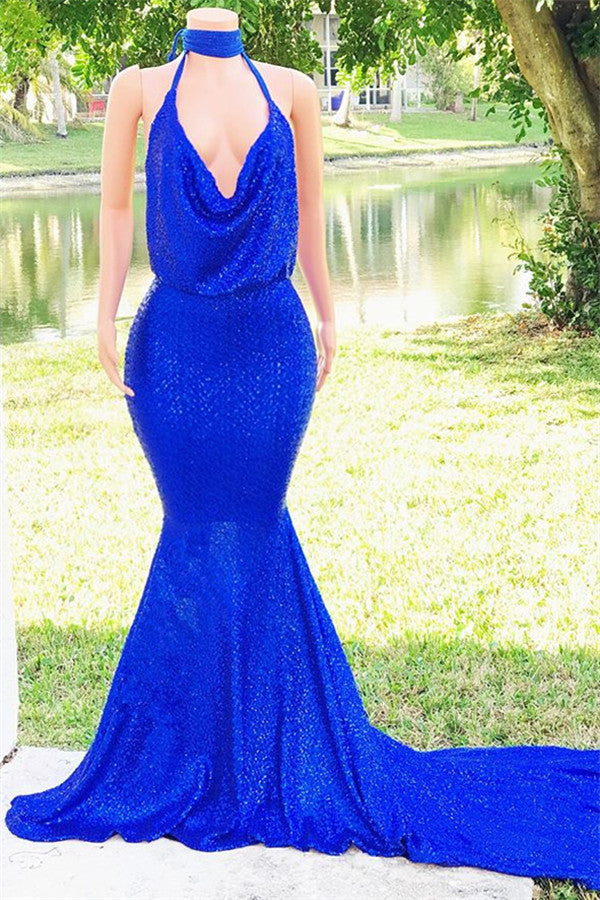 Long V-neck Mermaid Sequin Royal Blue Prom Dress