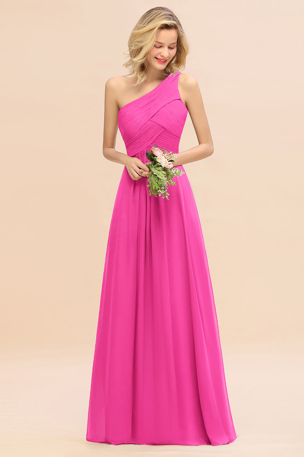 Elegant A-line Chiffon Ruffles One Shoulder Long Bridesmaid Dress