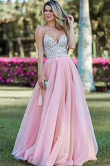 Long V-neck Spaghetti Straps Appliques Lace A-line Prom Dress