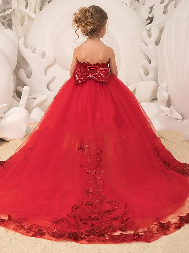 Red Ball Gown Tulle Sequin Sleeveless Flower Girl Dresses