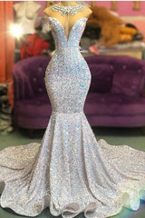 Luxury Long Bateau Beading Sequins Floor Length Mermaid Prom Dress