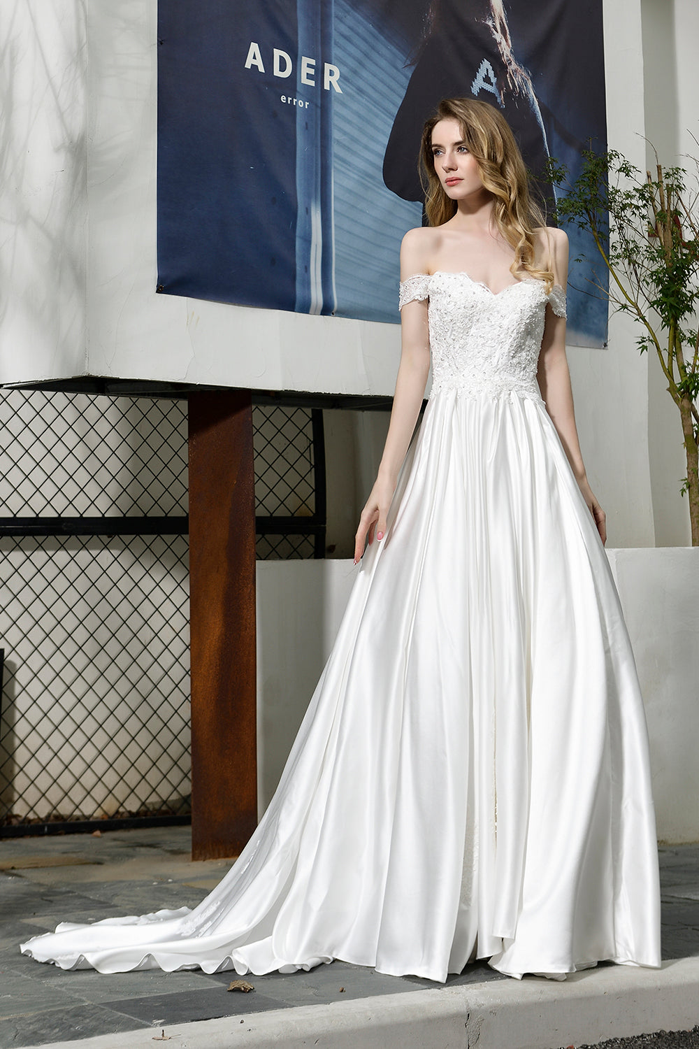 Elegant Long A-line Off the Shoulder Lace Satin Wedding Dresses