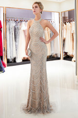 Long Halter Tulle Beading Mermaid Formal Evening Dresses