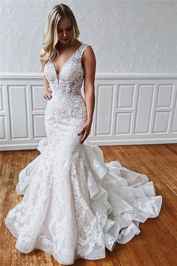Elegant Long Mermaid V-neck Straps Ruffled Lace Backless Wedding Dresses