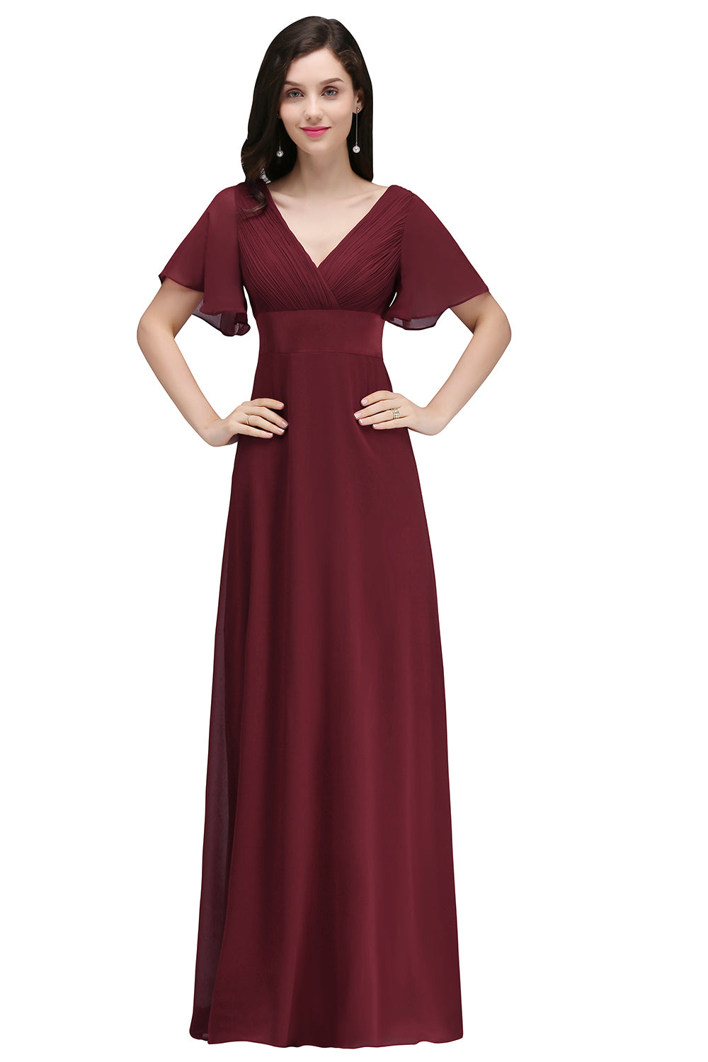 A-line Ruffle Chiffon V-Neck Long Bridesmaid Dress with Sleeves