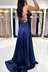Simple Long A-line V-neck Satin Backless Formal Prom Dresses with Slit