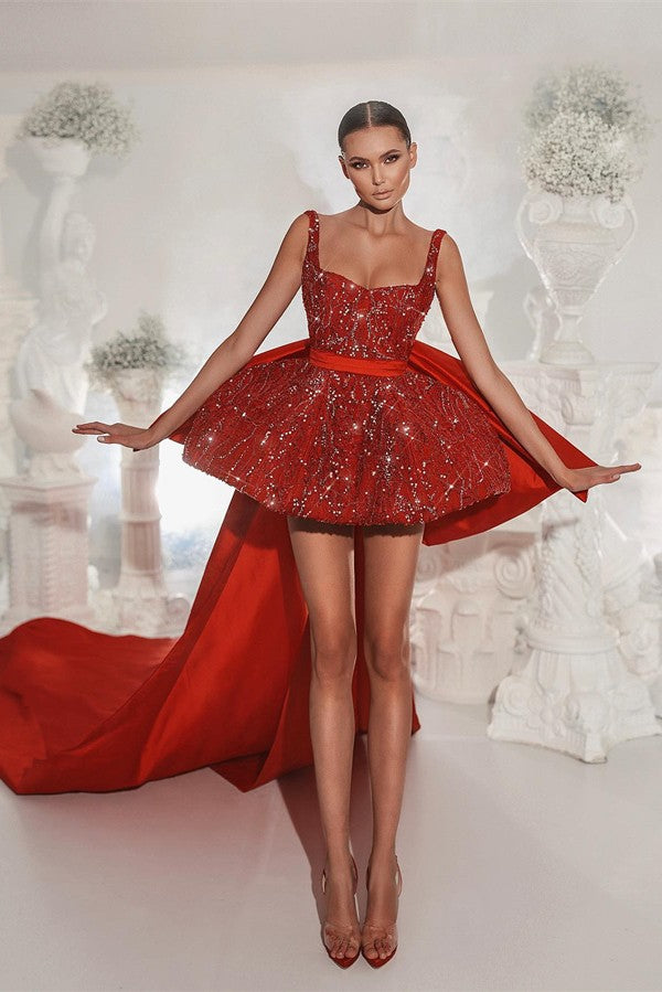 Beautiful Red High Low Square Satin Beading Backless Evening Prom Dress