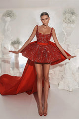 Beautiful Red High Low Square Satin Beading Backless Evening Prom Dress