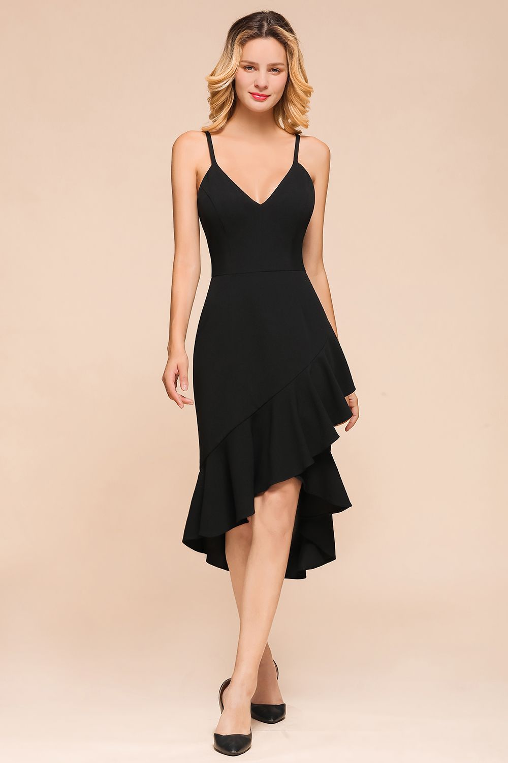 Simple High Low Ruffle Backless Mermaid Black Party Dress