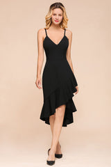 Simple High Low Ruffle Backless Mermaid Black Party Dress