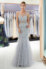 Long Sleeveless Mermaid Sequined Tulle Evening Dresses