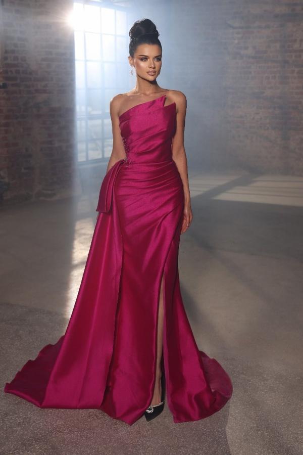 Elegant Long Mermaid One Shoulder Satin Formal Prom Dress with Slit
