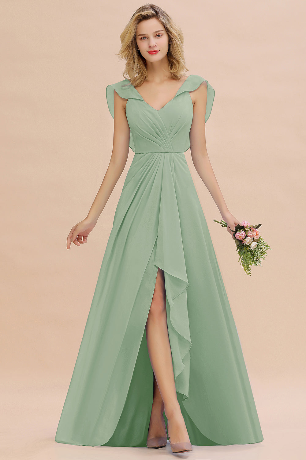 Simple High Low A-line V-Neck Ruffles Chiffon Dusty Sage Bridesmaid Dress