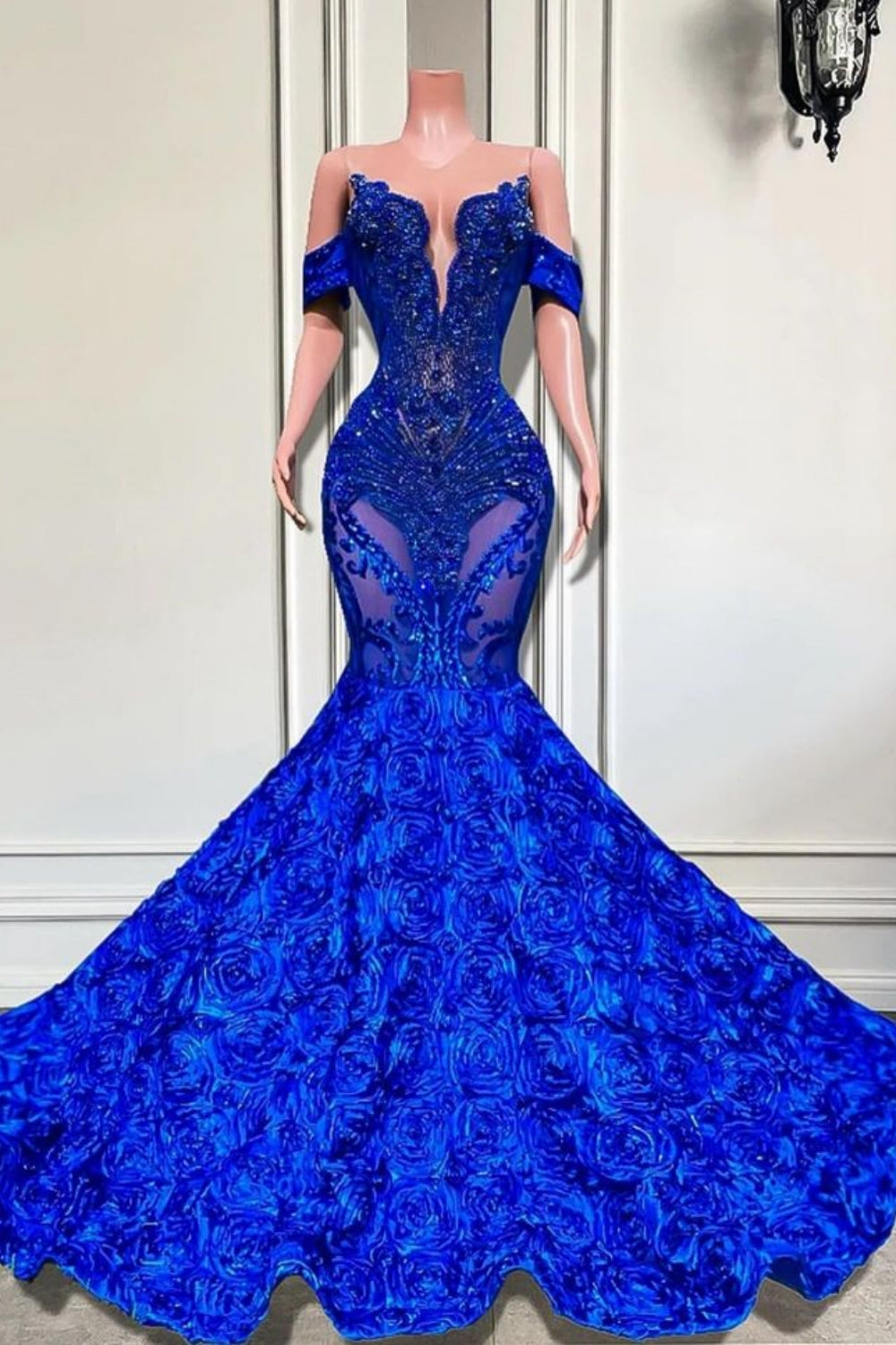 Elegant Long Mermaid Off the Shoulder Lace Royal Blue Prom Dresses