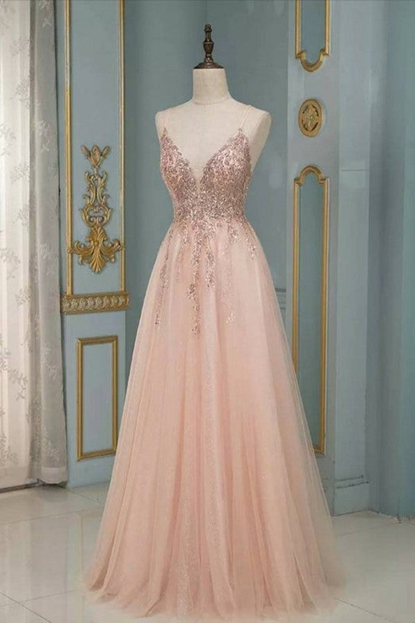 Long A-line V-neck Spaghetti Straps Backless Sequins Ruffles Tulle Prom Dress