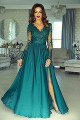 Elegant A-line V-neck Long Sleeve Appliques Lace Ruffles Prom Dress with Slit