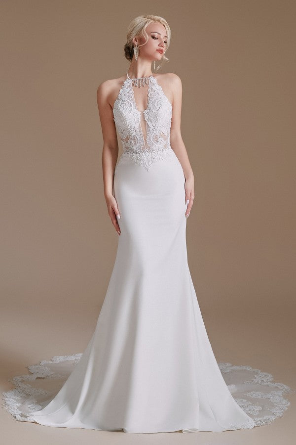 Long Mermaid Halter Backless Satin Wedding Dresses with Appliques Lace