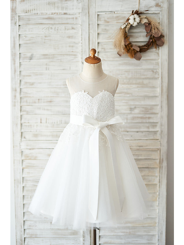 White Ball Gown Sleeveless Short Tulle Birthday Flower Girl Dresses
