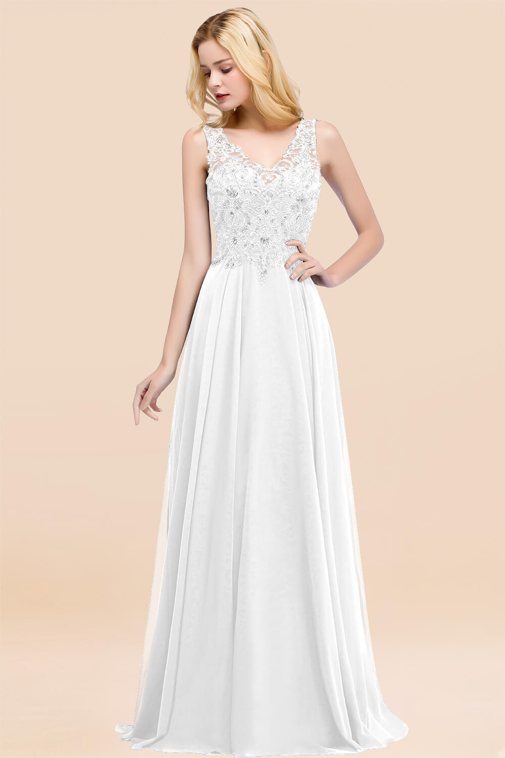 A-line Chiffon Appliques V-neck Sleeveless Floor Length Bridesmaid Dresses with Crystals