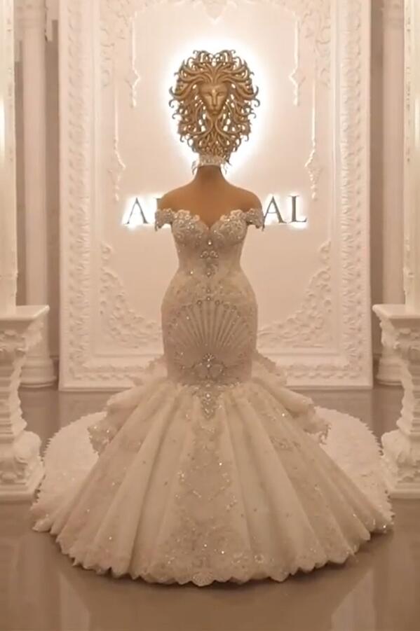 Gorgeous Long Off the Shoulder Crystal Floor Length Backless Mermaid Wedding Dresses