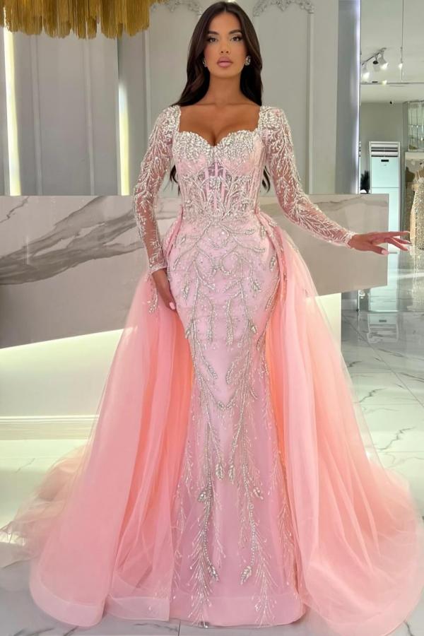 Long Sleeve Sweetheart Appliques Lace Mermaid Formal Dresses with Detachable Train