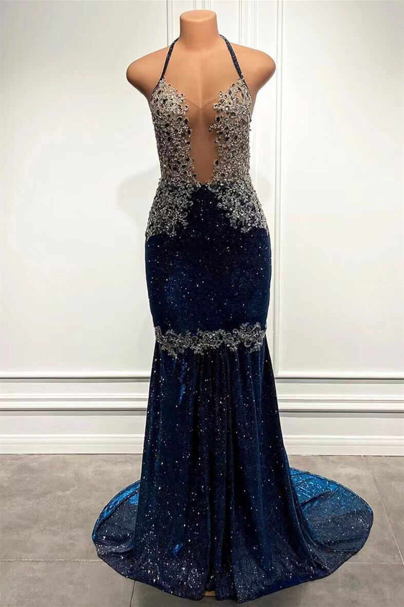 Sparkle Appliques Lace Halter V-Neck Mermaid Long Prom Dress