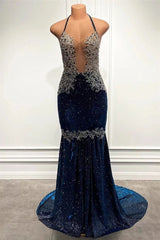 Sparkle Appliques Lace Halter V-Neck Mermaid Long Prom Dress