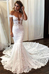 Long Off the Shoulder Appliques Lace Floor Length Mermaid Wedding Dress