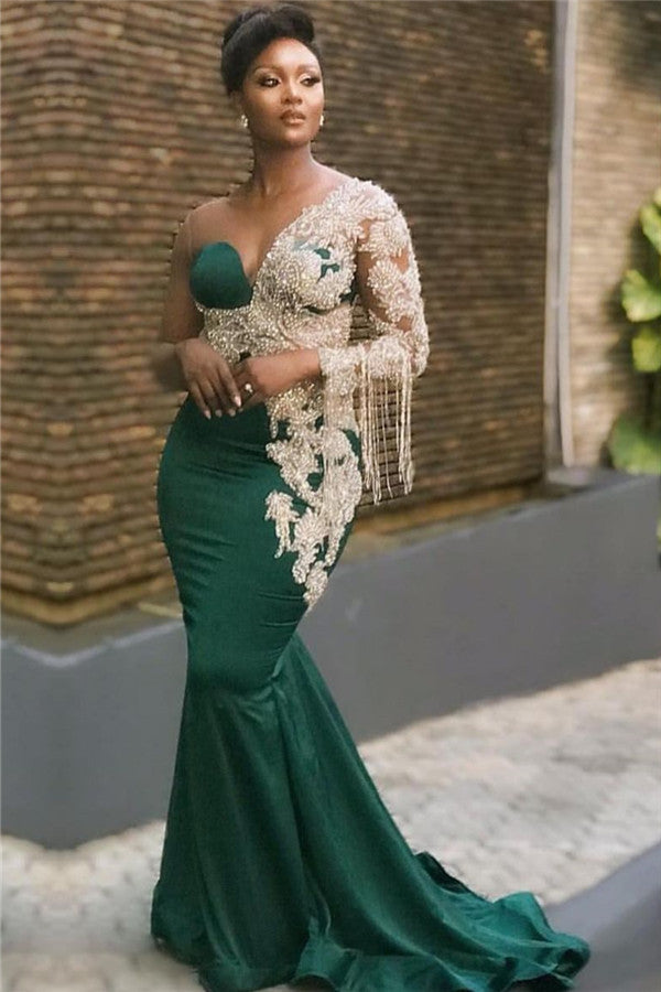 Long Mermaid Appliques One Shoulder Floor Length Formal Evening Dress