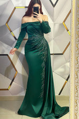 Long Mermaid Off the Shoulder Satin Beading Formal Prom Dresses with Sleeves