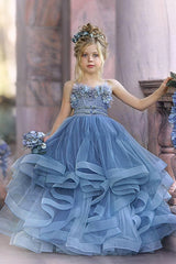 Cute Dusty Blue Long Spaghetti Straps Strapless Tulle Princess Flower Girl Dresses