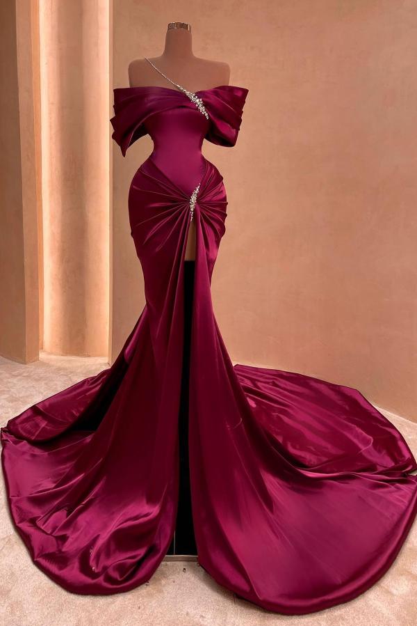 Long Mermaid Off the Shoulder Satin Beads Formal Prom Dress with slit