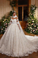 Flower Tulle Strapless A-line Long Wedding Dress with Appliques Lace