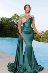 Gorgeous Mermaid High Neck Sweetheart Stain Long Beading Prom Dress with Sleeves