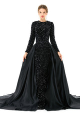 Elegant Long Sleeve Mermaid Sequins Black Formal Evening Dress with Overskirt