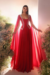 Red Sequare Neck A Line Beaded Ruched Chiffon Formal Evening Dress with Cape