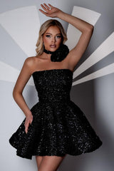 Simple Strapless Black Beads Sequins Short Party Dress