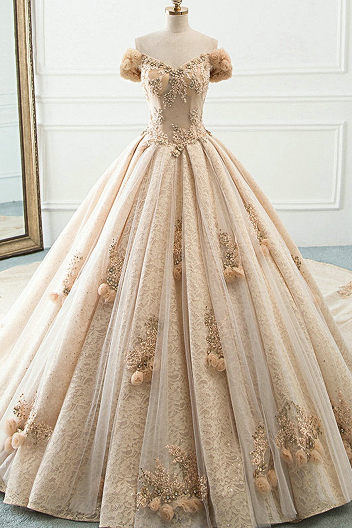 Ball Gown Long Champagne Lace Off Shoulder Court Train Beaded Wedding Dress