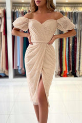 Elegant Short Mermaid Off the Shoulder Sequins Party Dress with slit